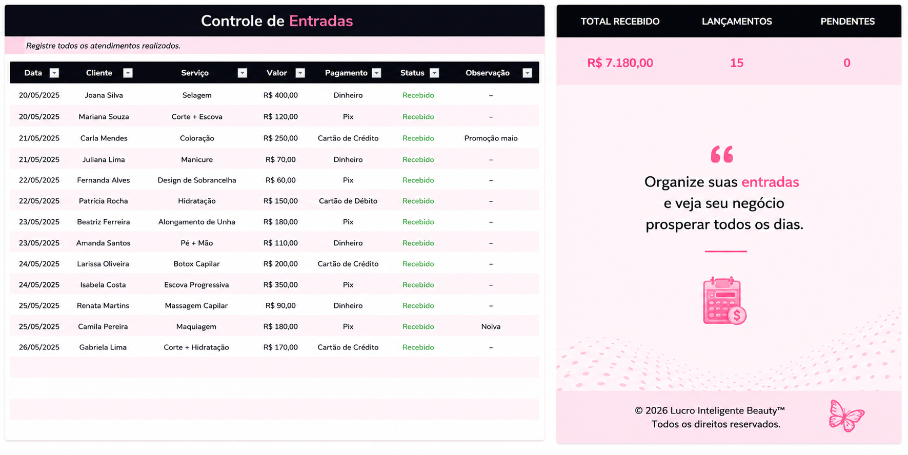 Tela Controle de Entradas da plataforma