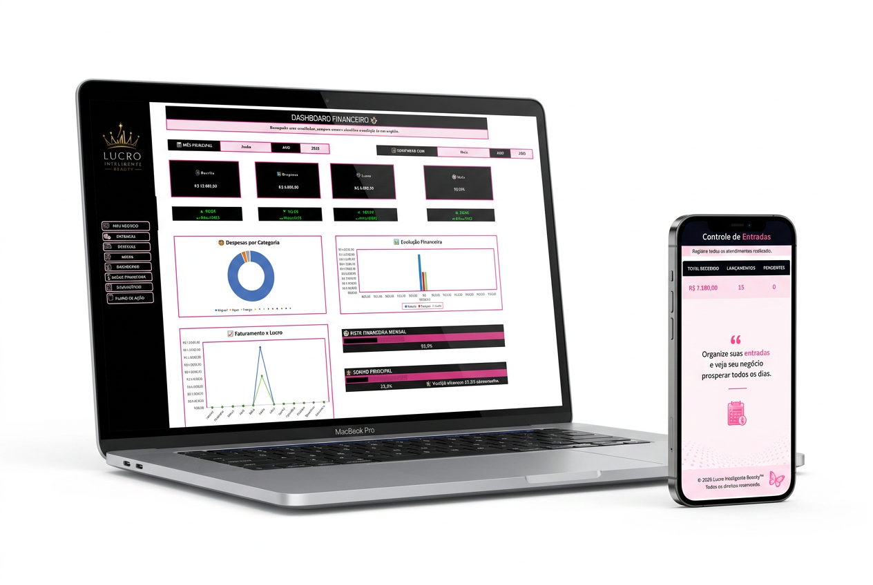 Plataforma Lucro Inteligente Beauty — Dashboard Financeiro em notebook e celular
